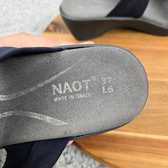 Naot Pinotage Navy Leather Open Toe Double Strap Mini Wedge Sandals Womens 37 - Picture 13 of 13